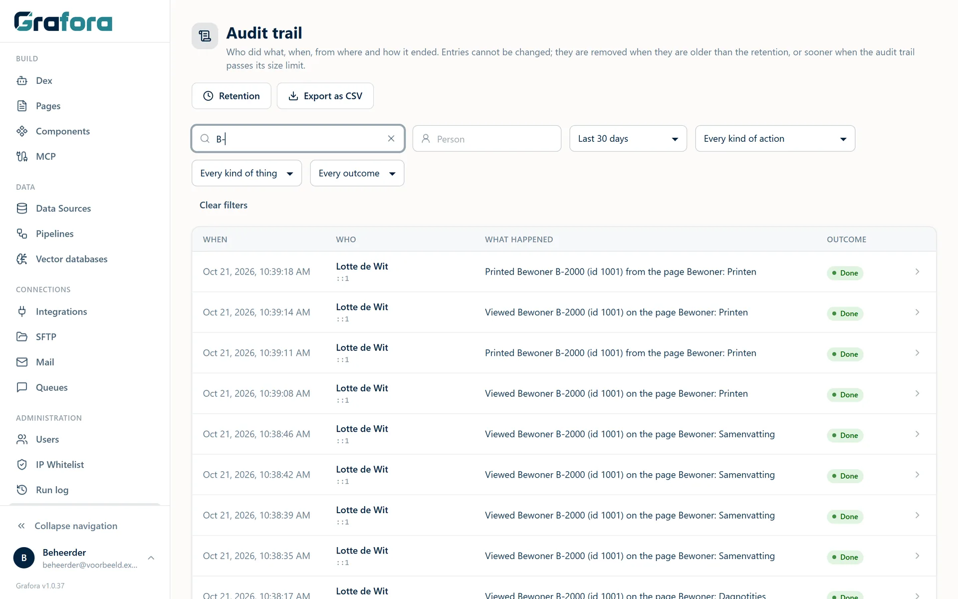 The Grafora audit trail with sign-ins, records viewed and changes.