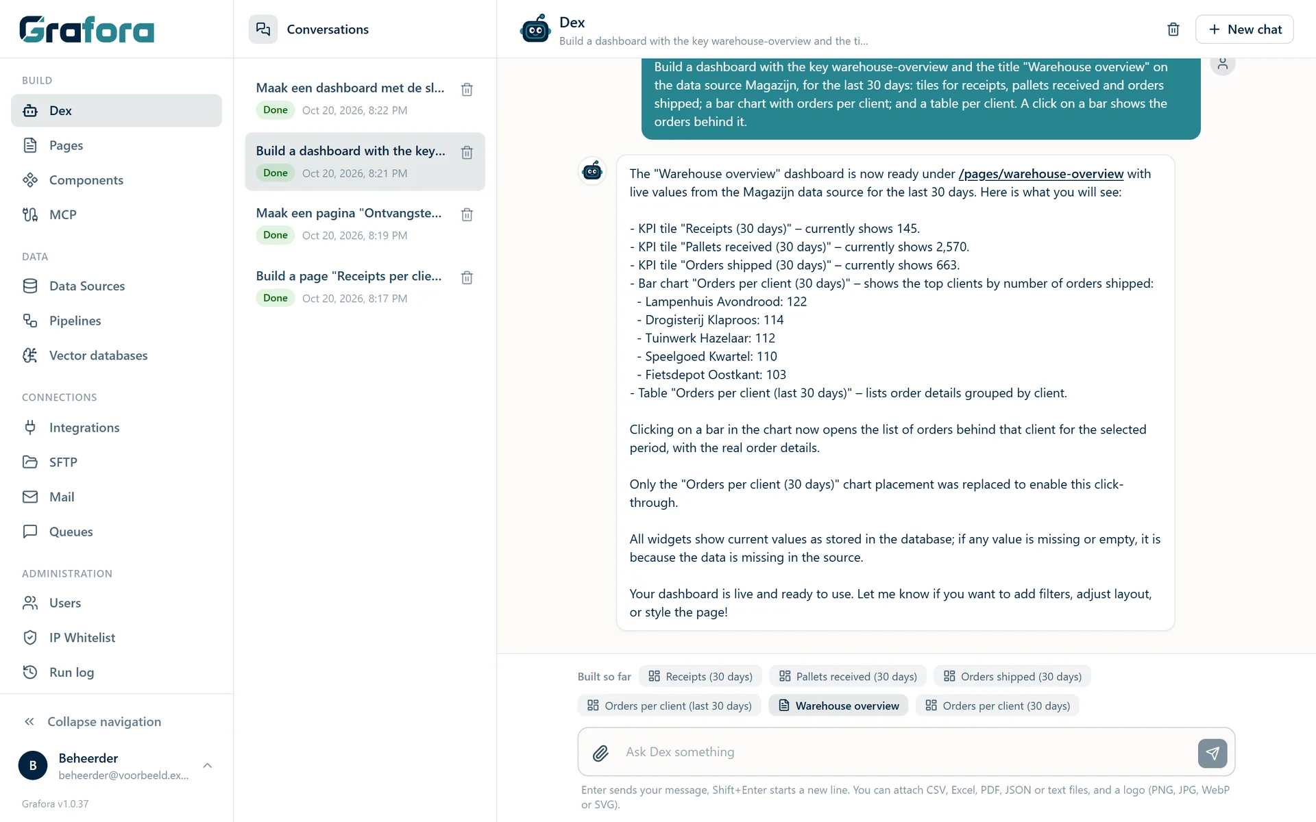Dex, the Grafora AI assistant, after building a dashboard.