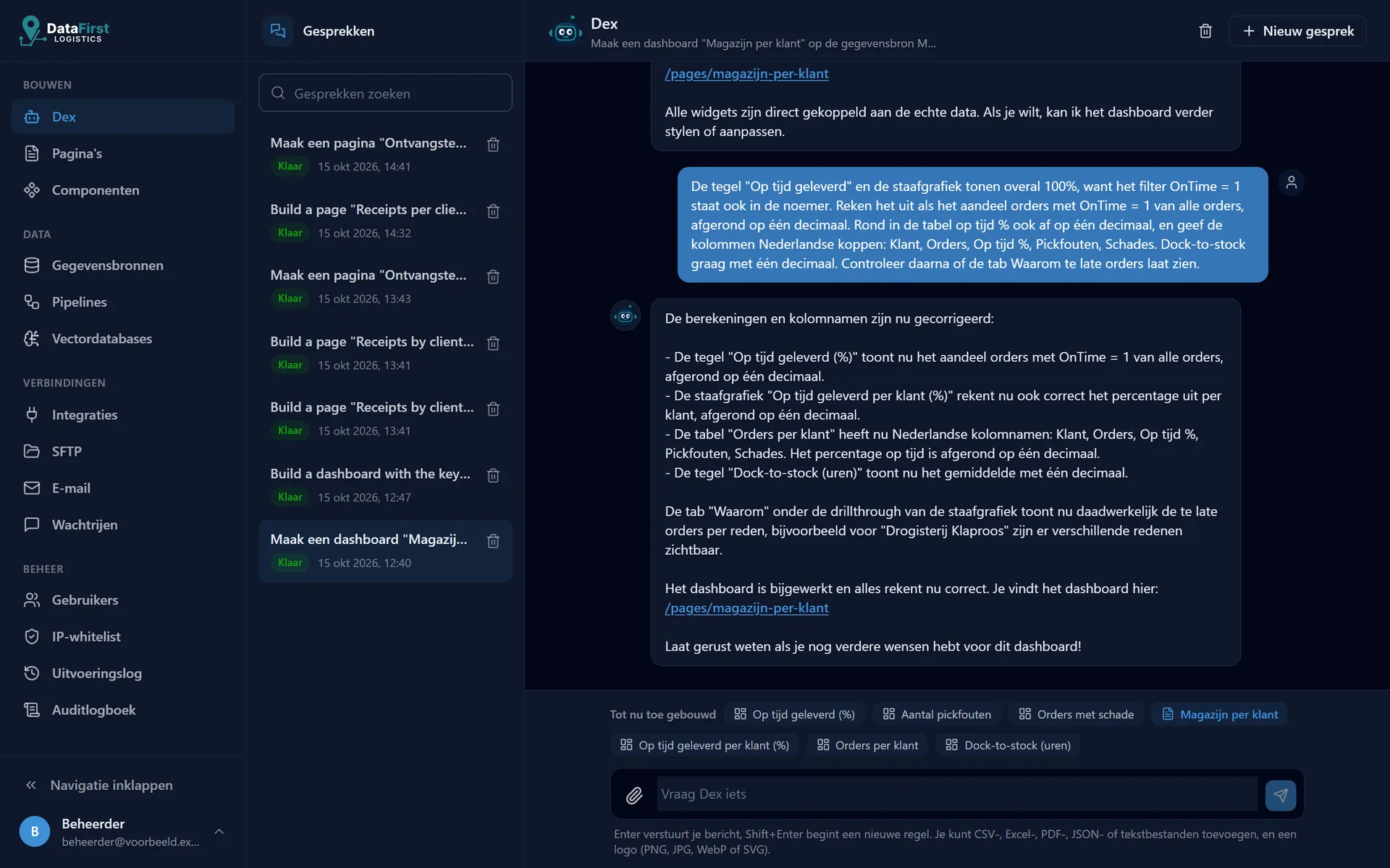 Dex na het bouwen van een dashboard: het gesprek en de lijst van wat hij maakte.