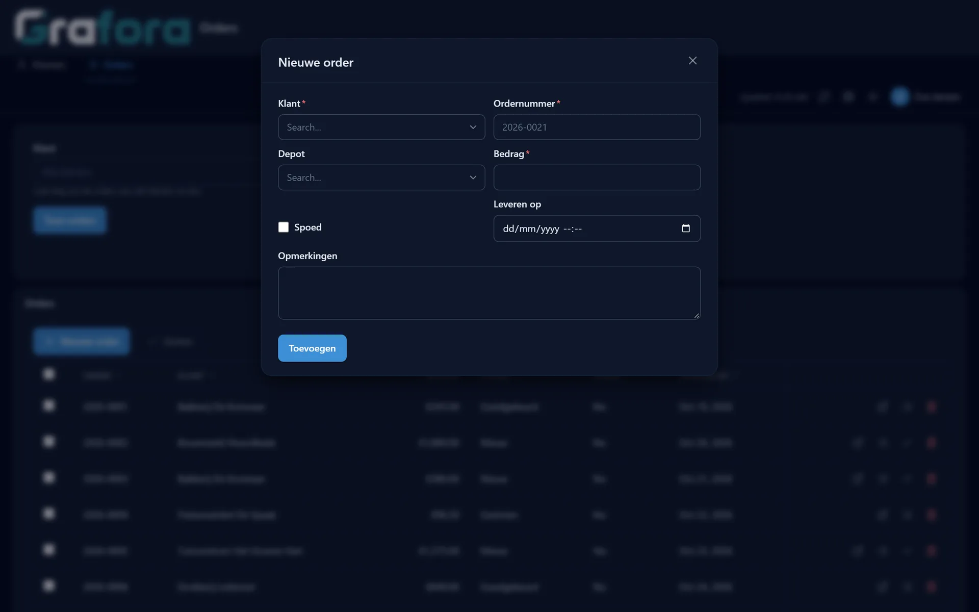 A form for a new order in Grafora.