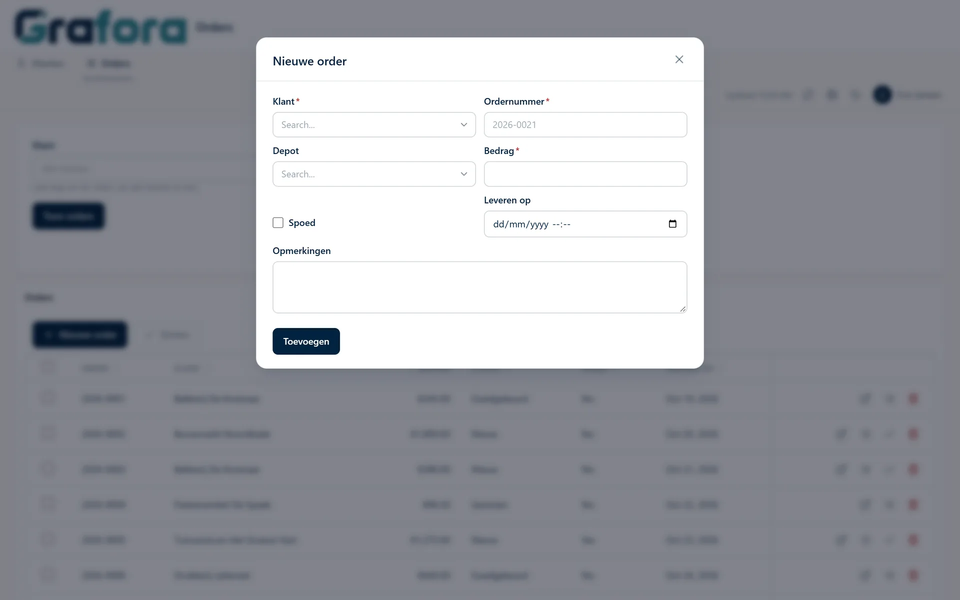 A form for a new order in Grafora.