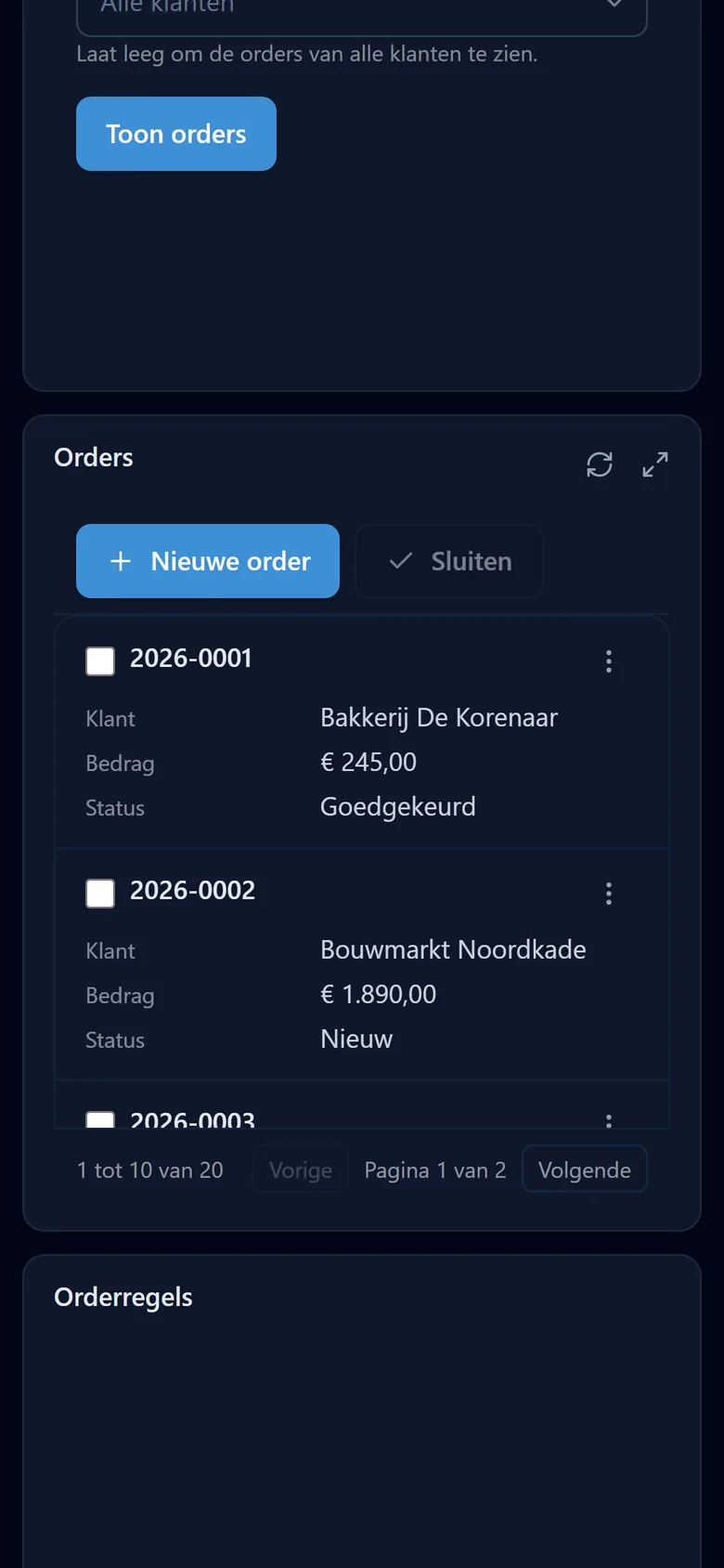 Het ordergrid op een telefoon: elke order is een kaart met klant, bedrag en status.