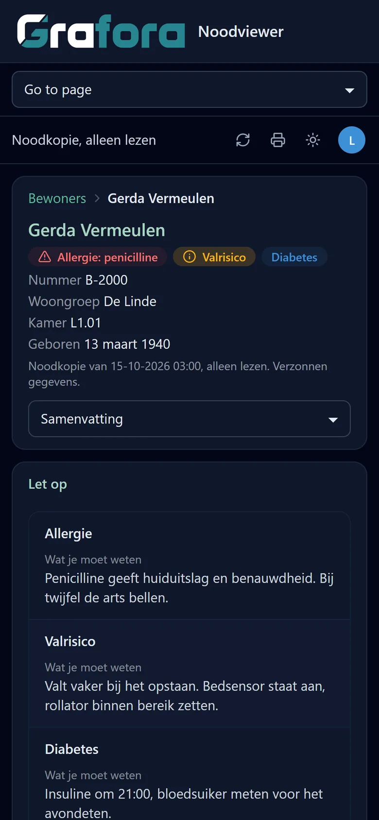 The same record in the emergency viewer on a phone.