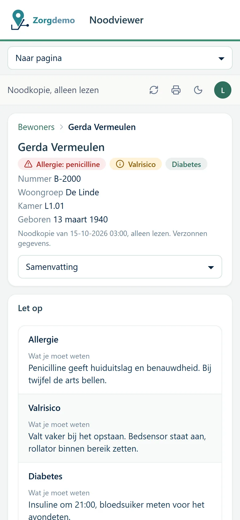 Hetzelfde dossier op een telefoon: de tabs worden een keuzelijst.