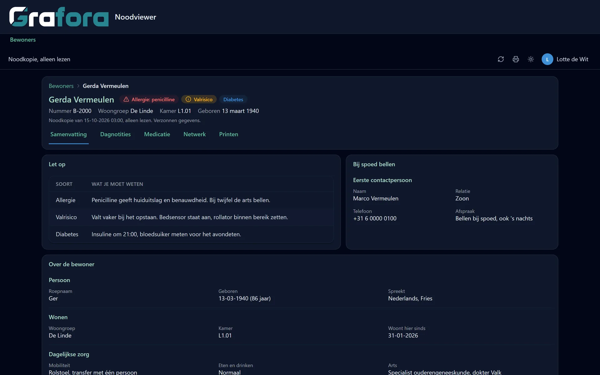 A record page in Grafora with warnings, key details and tabs.