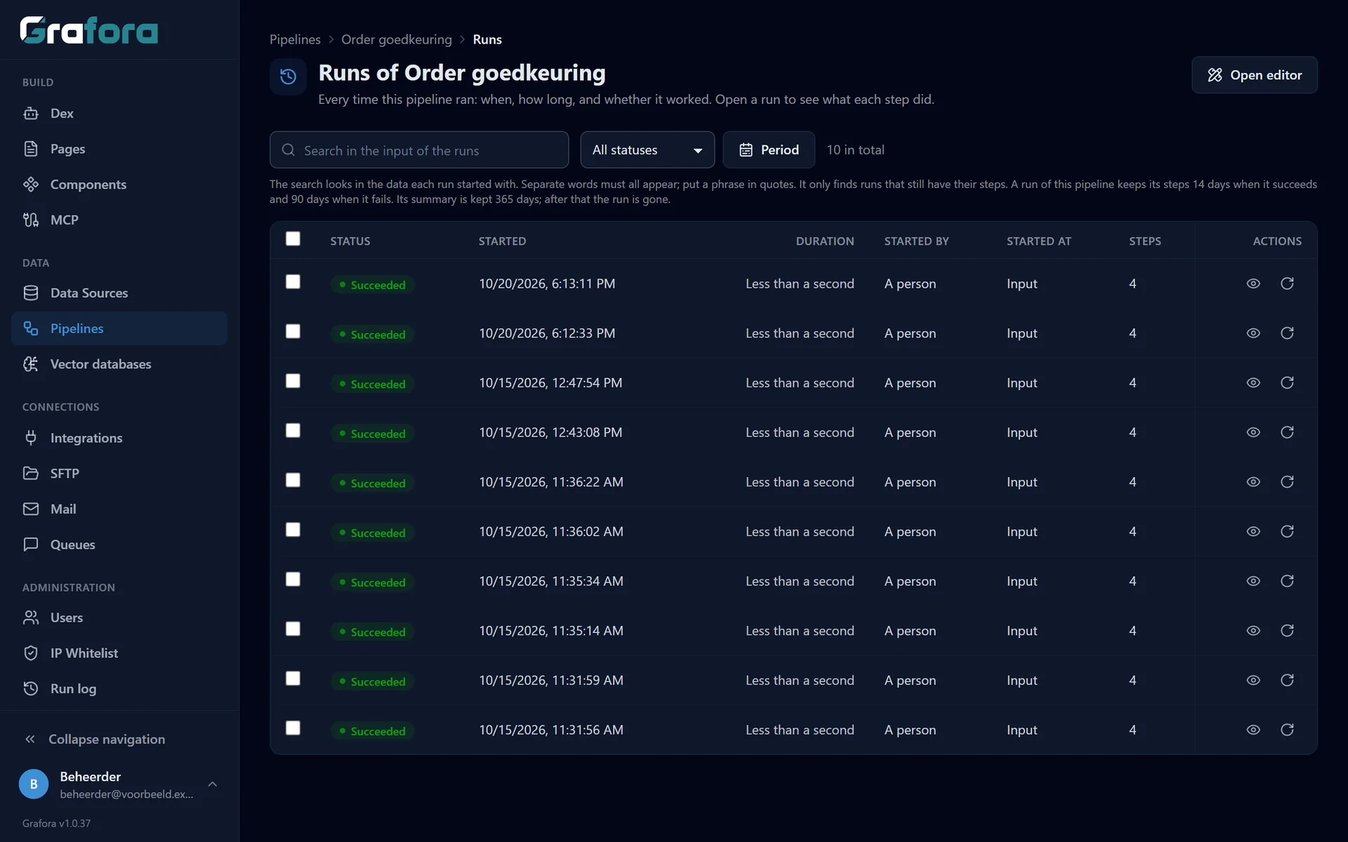 The log of a pipeline in Grafora: every run with status, start and duration.