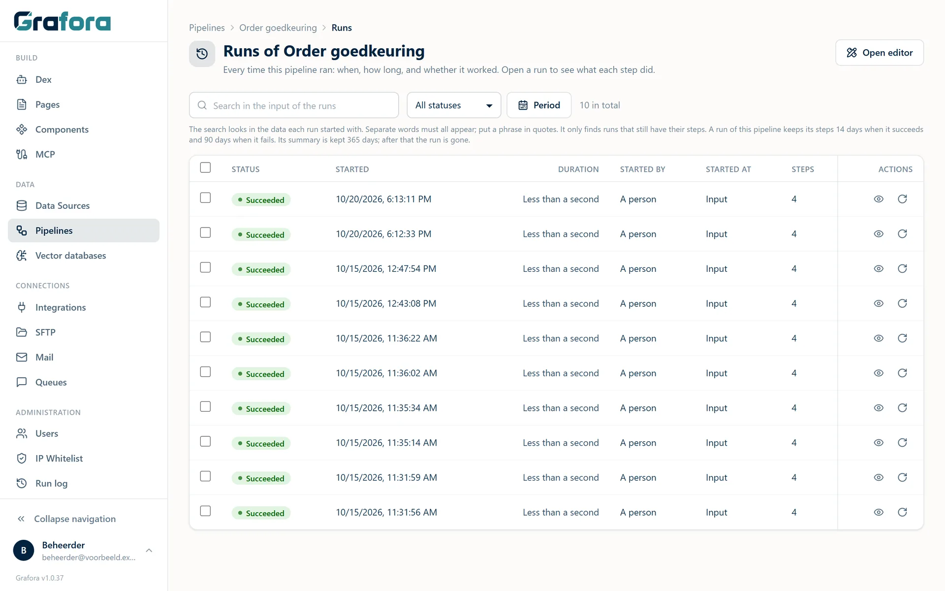 The log of a pipeline in Grafora: every run with status, start and duration.