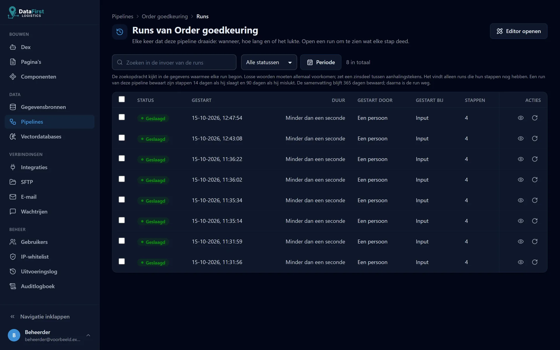 De runs van de pipeline Order goedkeuring: status, start, duur, wie startte en het aantal stappen.